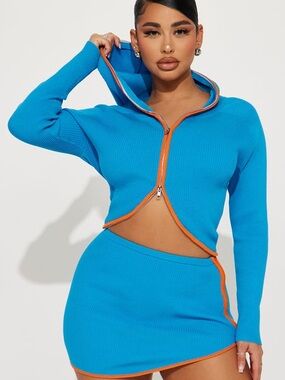 Fashion Nova Blue Ribbed Zip Hoodie & Mini Skirt Set with Orange Trim Never Worn